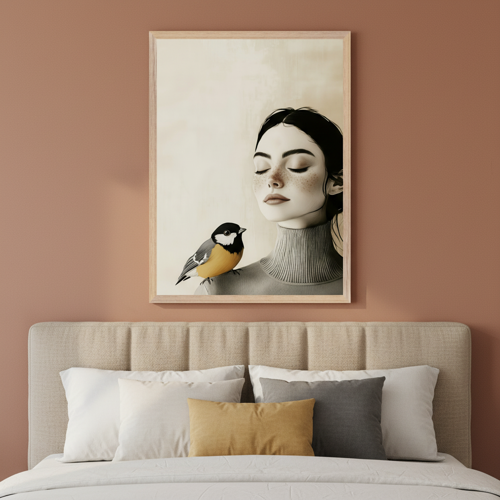 Modern bedroom with a beige upholstered bed. A large framed illustration of a woman with closed eyes and a bird on her shoulder hangs above the headboard. The wall is terracotta-colored.