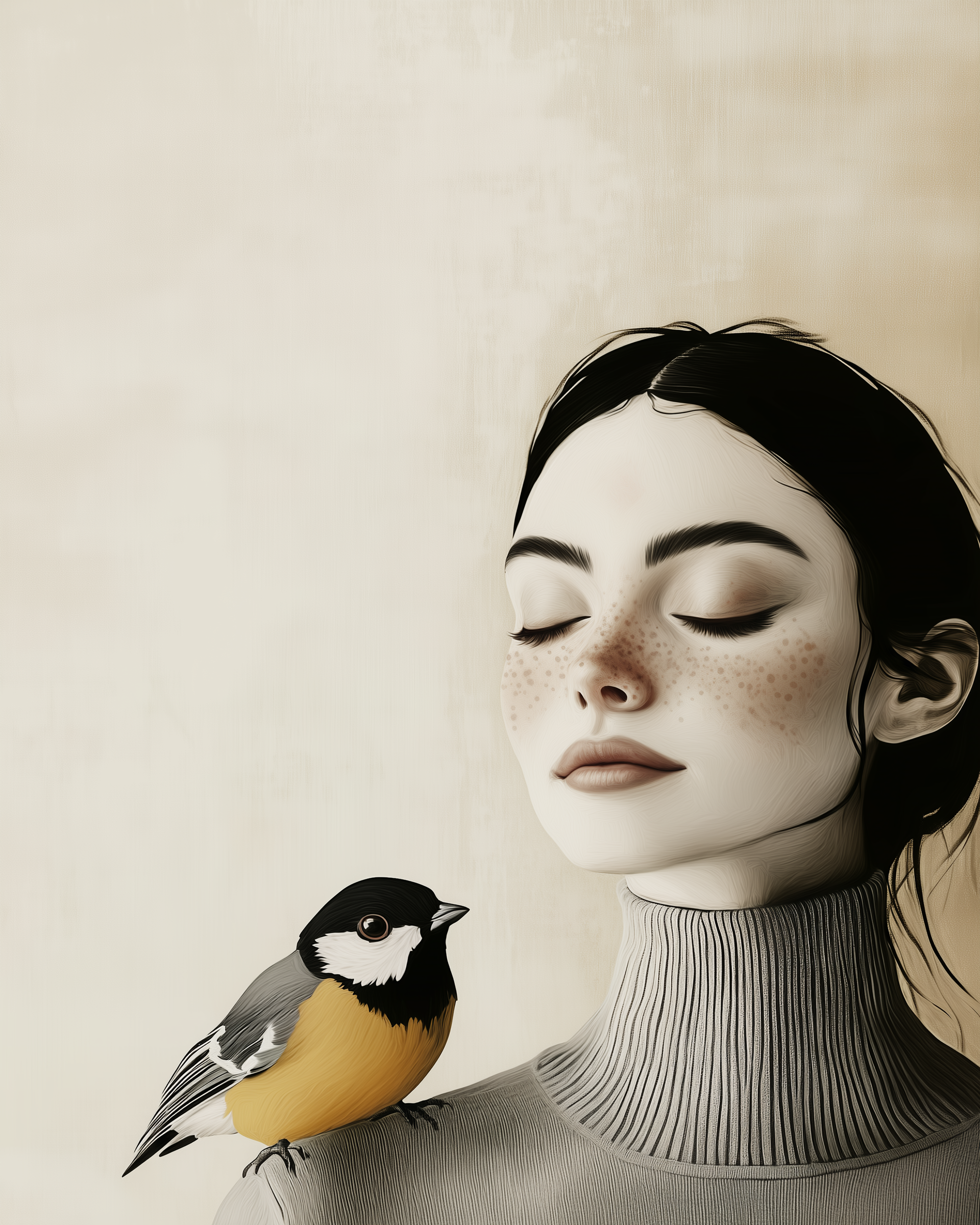 A serene woman with closed eyes and soft freckles stands still as a small yellow and black bird perches on her shoulder.
