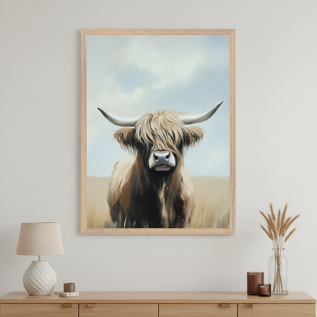 Modern room with a light wood console table. A large framed painting of a shaggy Highland cow in an impressionistic style hangs centered above the table. The cow is in a field under a cloudy sky and faces forward.