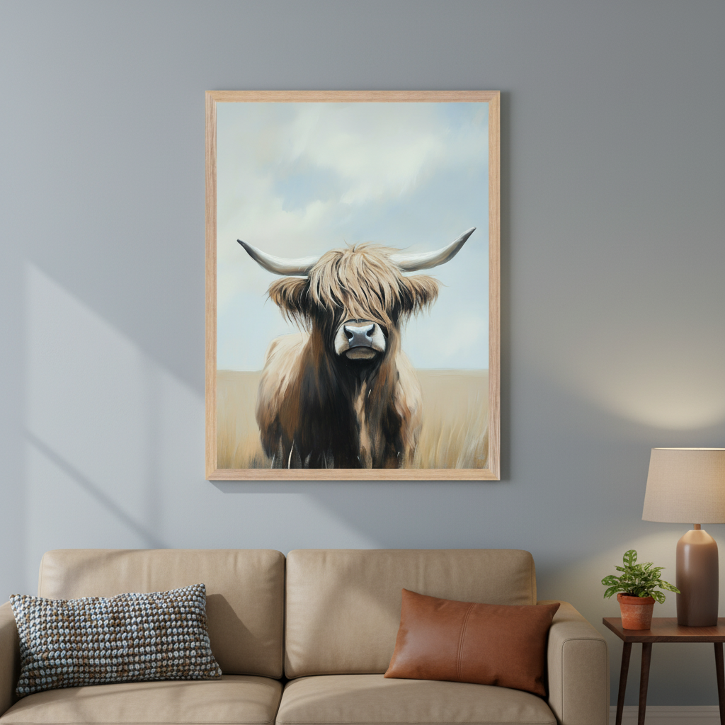Modern living room with a tan leather sofa. A large framed painting of a shaggy Highland cow standing in a field under a cloudy sky hangs centered above the sofa.