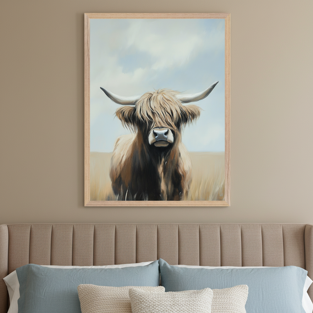 Modern bedroom with a beige upholstered headboard and bed. A framed painterly portrait of a Highland cow in a field under a cloudy sky hangs centered above the bed. Blue and cream pillows are on the bed.