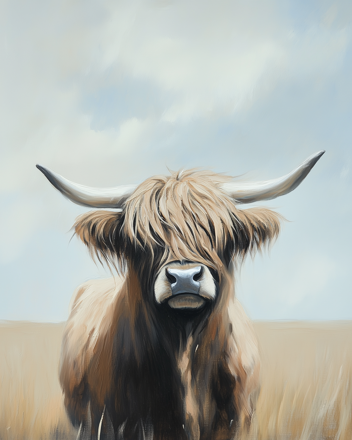 A Highland cow faces forward with thick, shaggy bangs covering its eyes and large horns extending outward.
