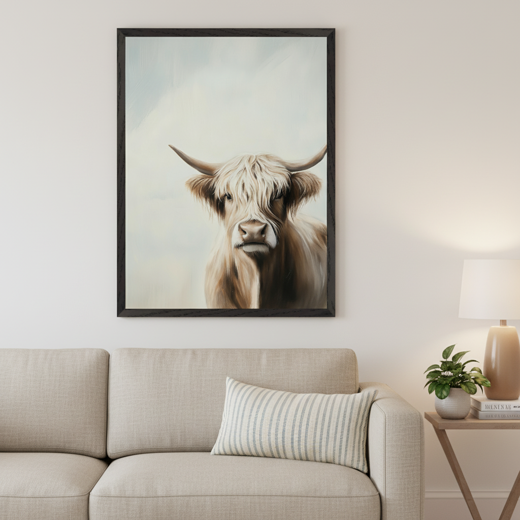 Modern living room with a light beige sofa. A large framed painting of a shaggy-haired brown Highland cow with horns is centered above the sofa, facing forward against a light sky.
