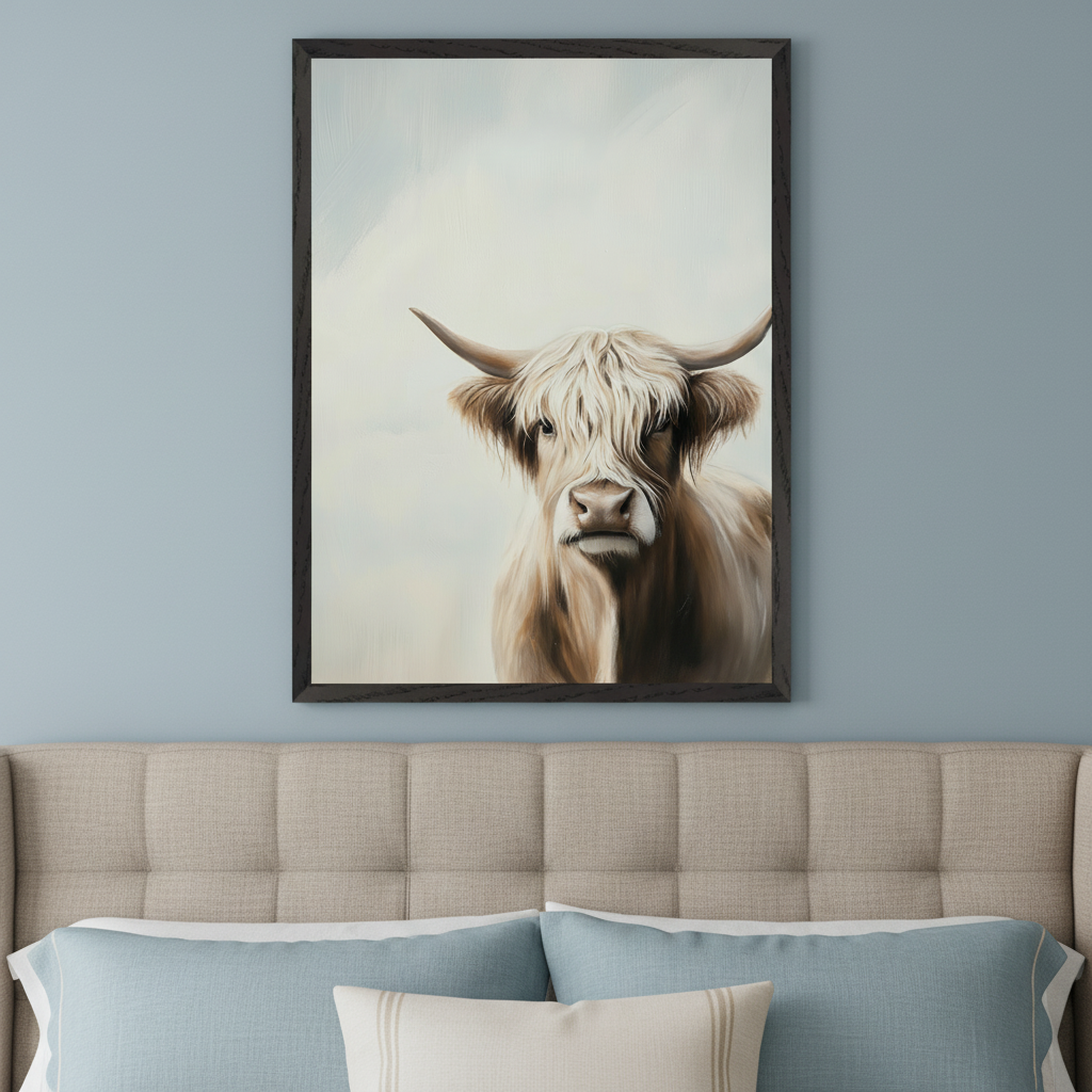 Modern bedroom with a beige tufted headboard and light blue pillows. A large framed painting of a shaggy Highland cow against a light background hangs centered above the bed.