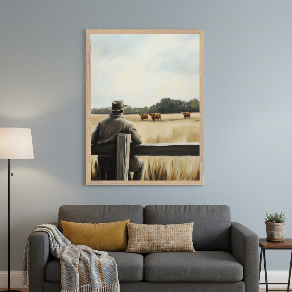 Bedroom with a wooden bed, light pillows, and yellow/green bedding. A framed painting centered above the bed depicts a man in a hat sitting on a fence, viewing three long-horned cattle in a golden field under a cloudy sky.