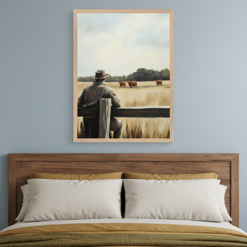 Living room with a framed painting above a gray sofa. A painting shows a person in a hat on a fence looking at cows in a golden field under a cloudy sky. A floor lamp is on the left, and a side table with a succulent is on the right.