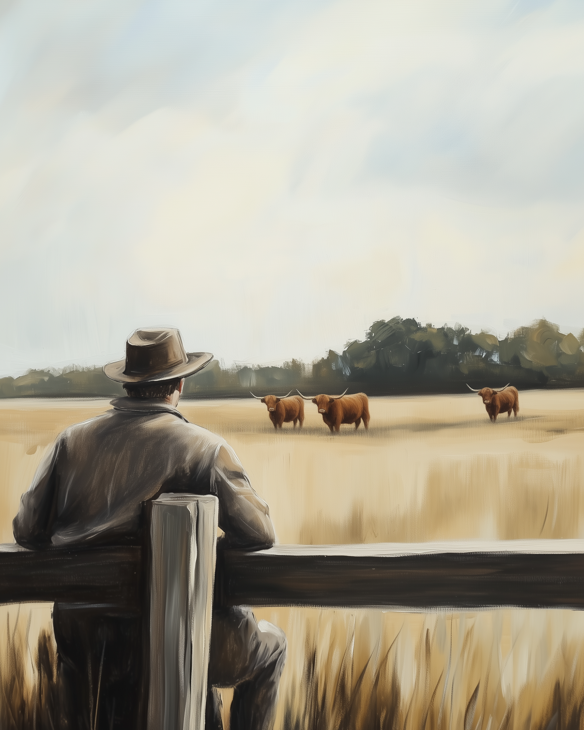 A man in a wide-brimmed hat leans on a wooden fence, watching three Highland cows roam in a golden field under a soft sky.
