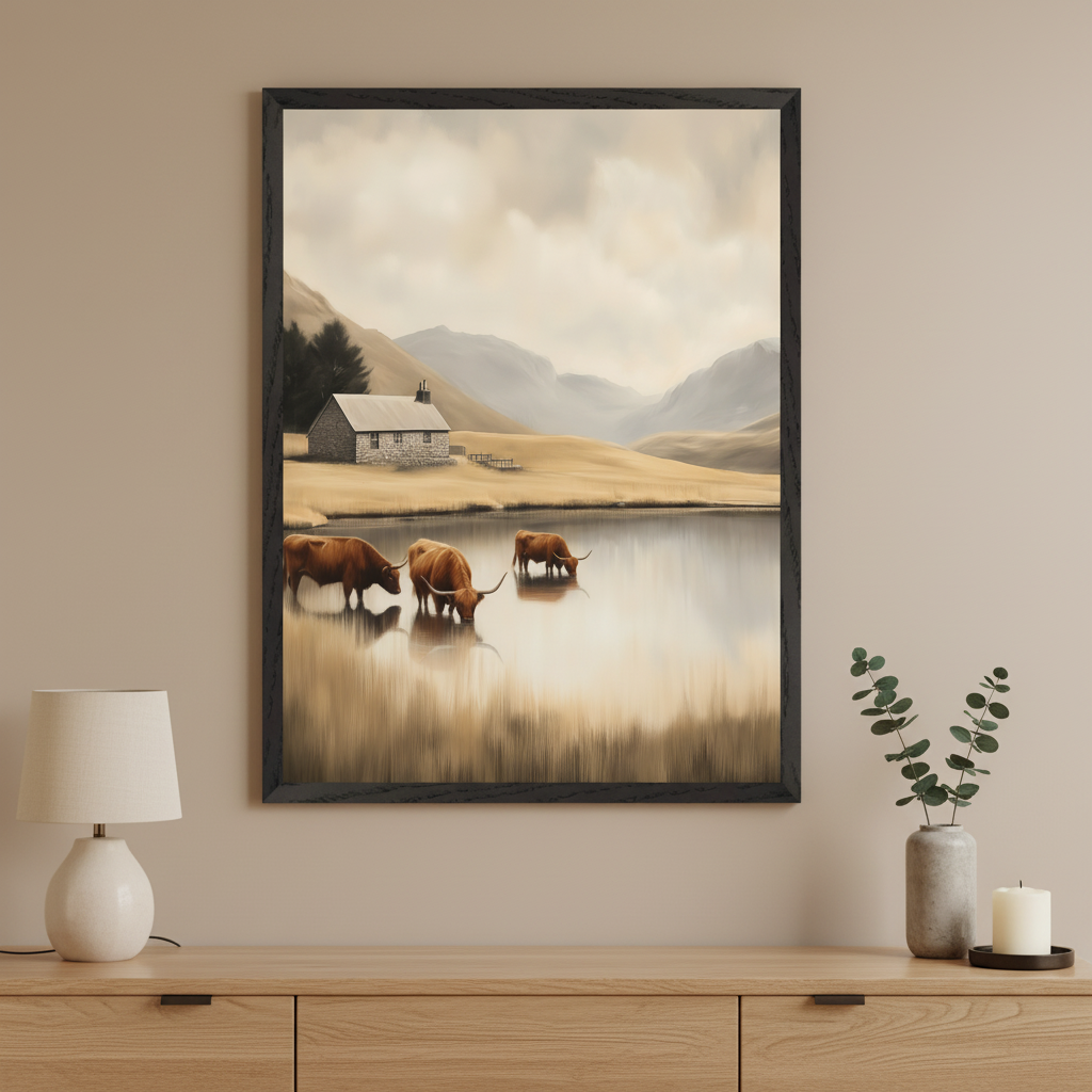 Modern room with a light wood dresser. A large framed painting hangs above the dresser, depicting a realistic landscape with a stone cottage, a lake with three brown cows drinking, and distant hills under a cloudy sky.