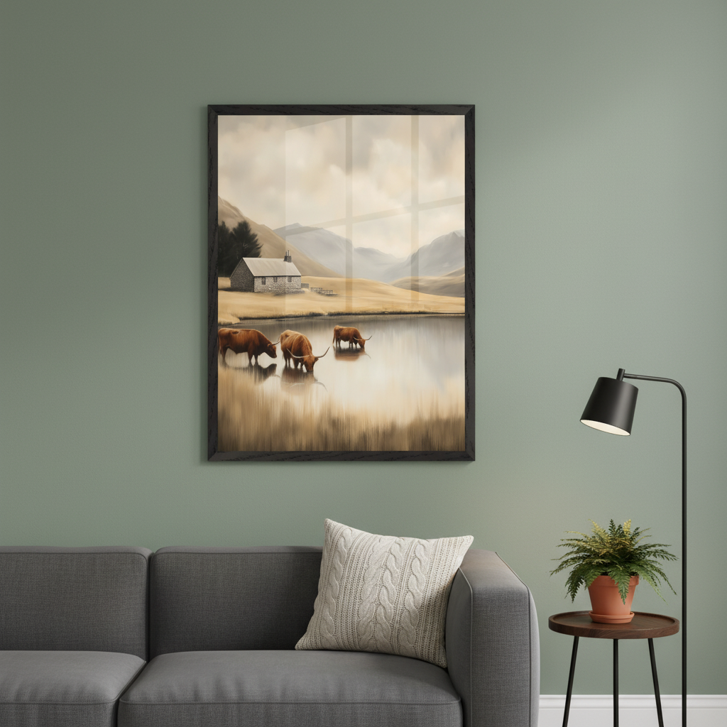 Modern living room with a grey sectional sofa. A large framed painting of a rural landscape with a stone house by a lake and three cows drinking from it hangs on a green wall, above the sofa. A black floor lamp and a potted plant are to the right.