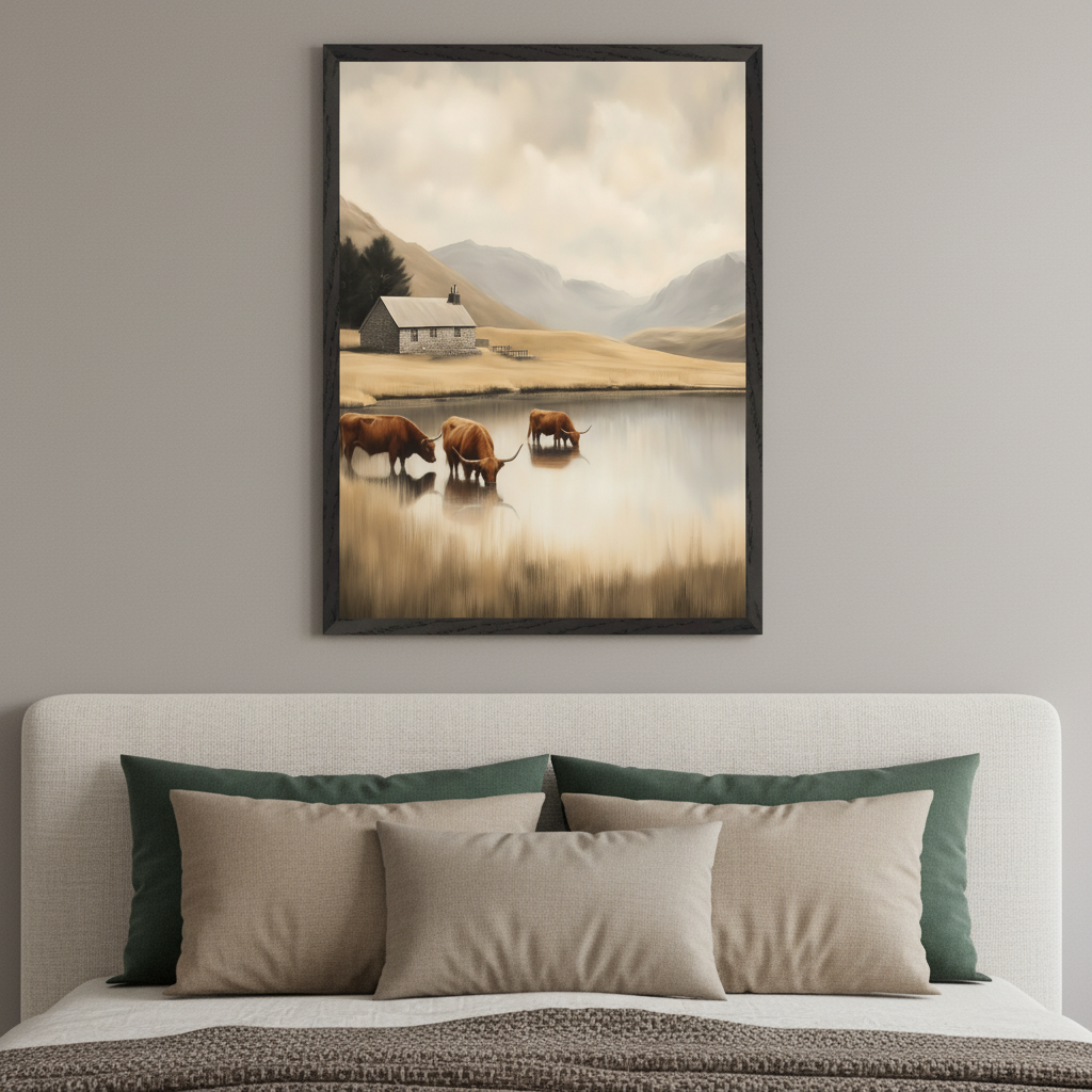 Modern bedroom with a bed and light headboard. A large black-framed artwork hangs centered above the bed, showing a painterly landscape with a stone house by a lake, three brown cows drinking, and rolling hills under a cloudy sky.