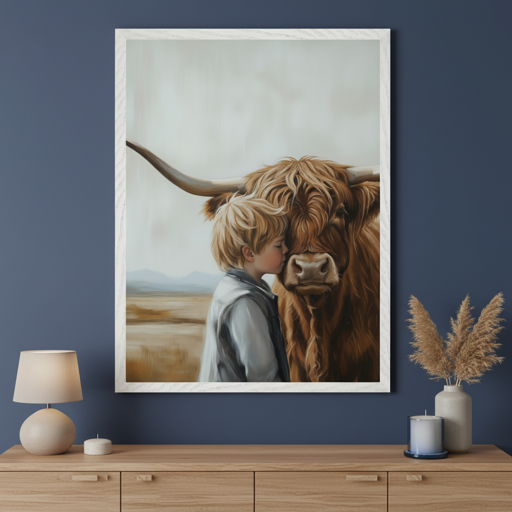 Modern living room with a light wood dresser. A large framed painting of a blonde child kissing a brown Highland cow hangs centered above the dresser.