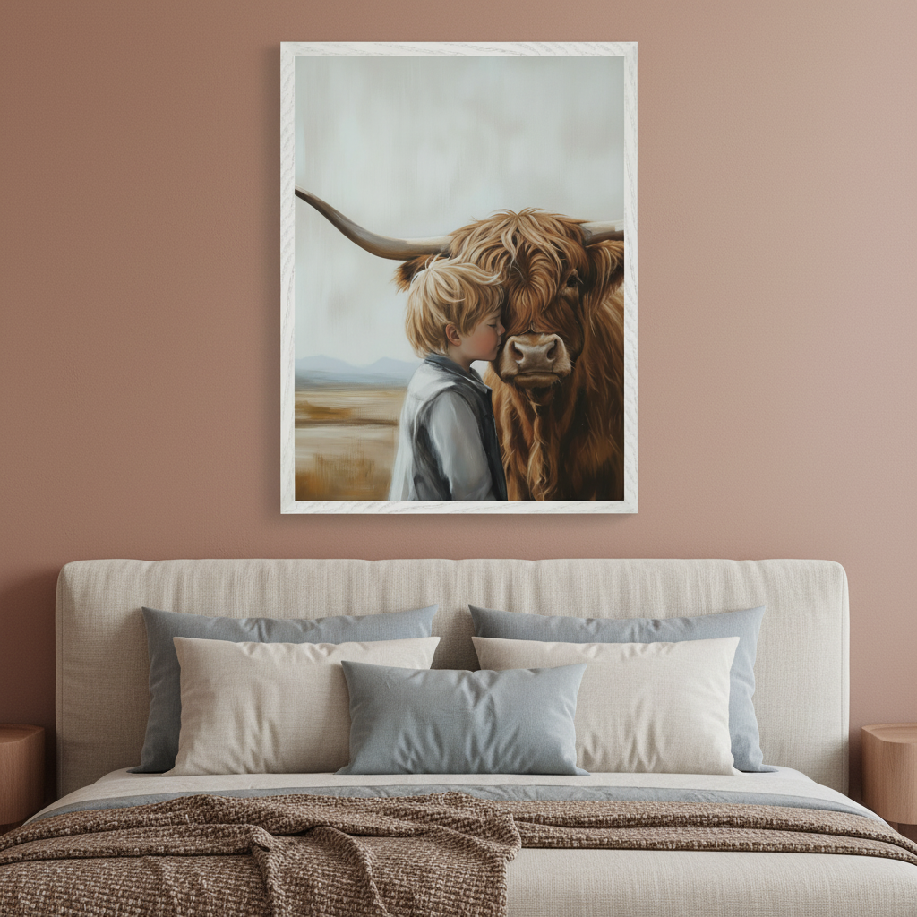 Modern bedroom with a bed featuring a beige upholstered headboard. A large framed painting of a blonde child kissing a brown Highland cow hangs centered above the bed. The bed is adorned with cream, light blue, and gray pillows and a textured brown throw blanket.