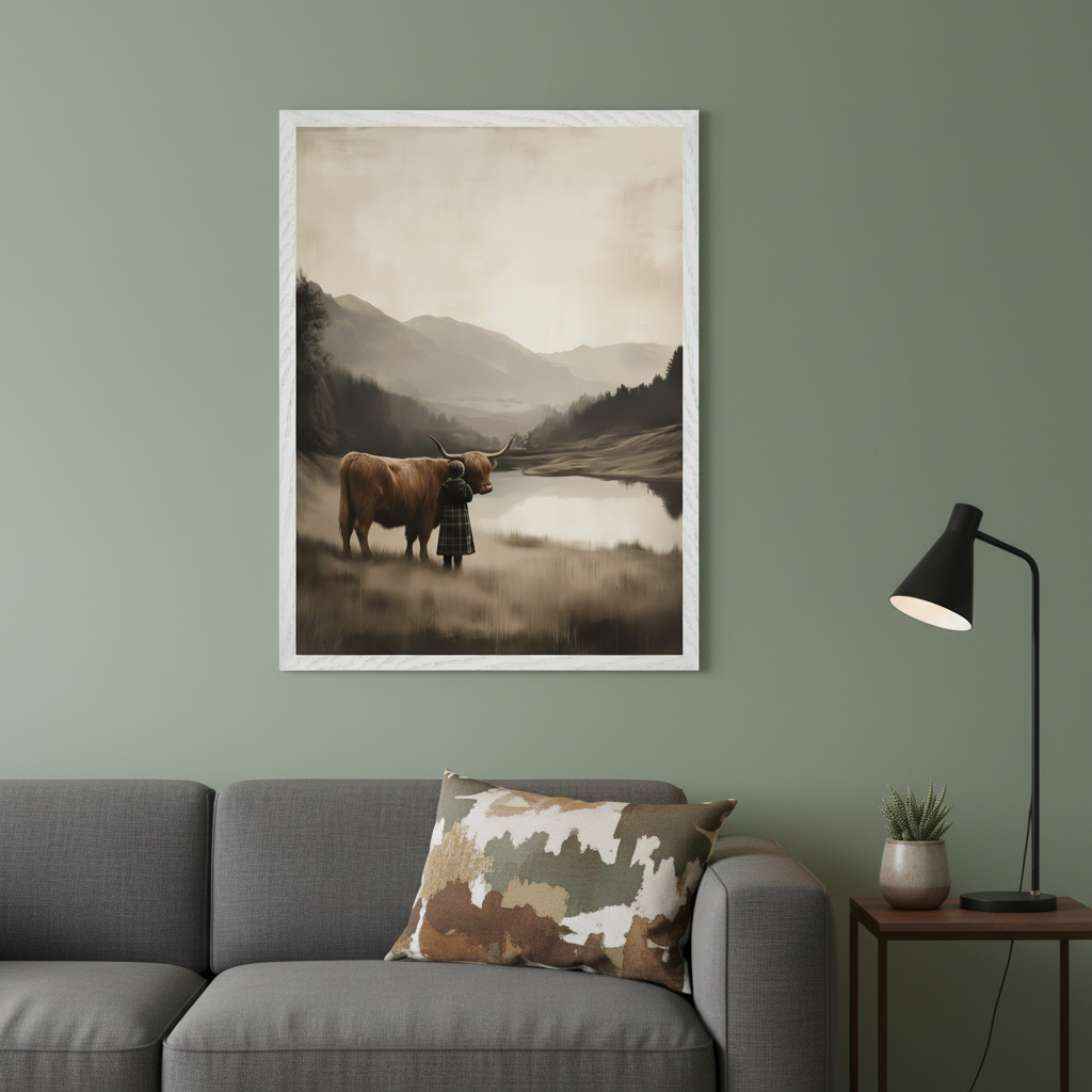 Living room with a gray sofa. A framed sepia-toned painting of a person with a highland cow in a misty valley by a lake hangs above the sofa. A dark side table with a black lamp is to the right.