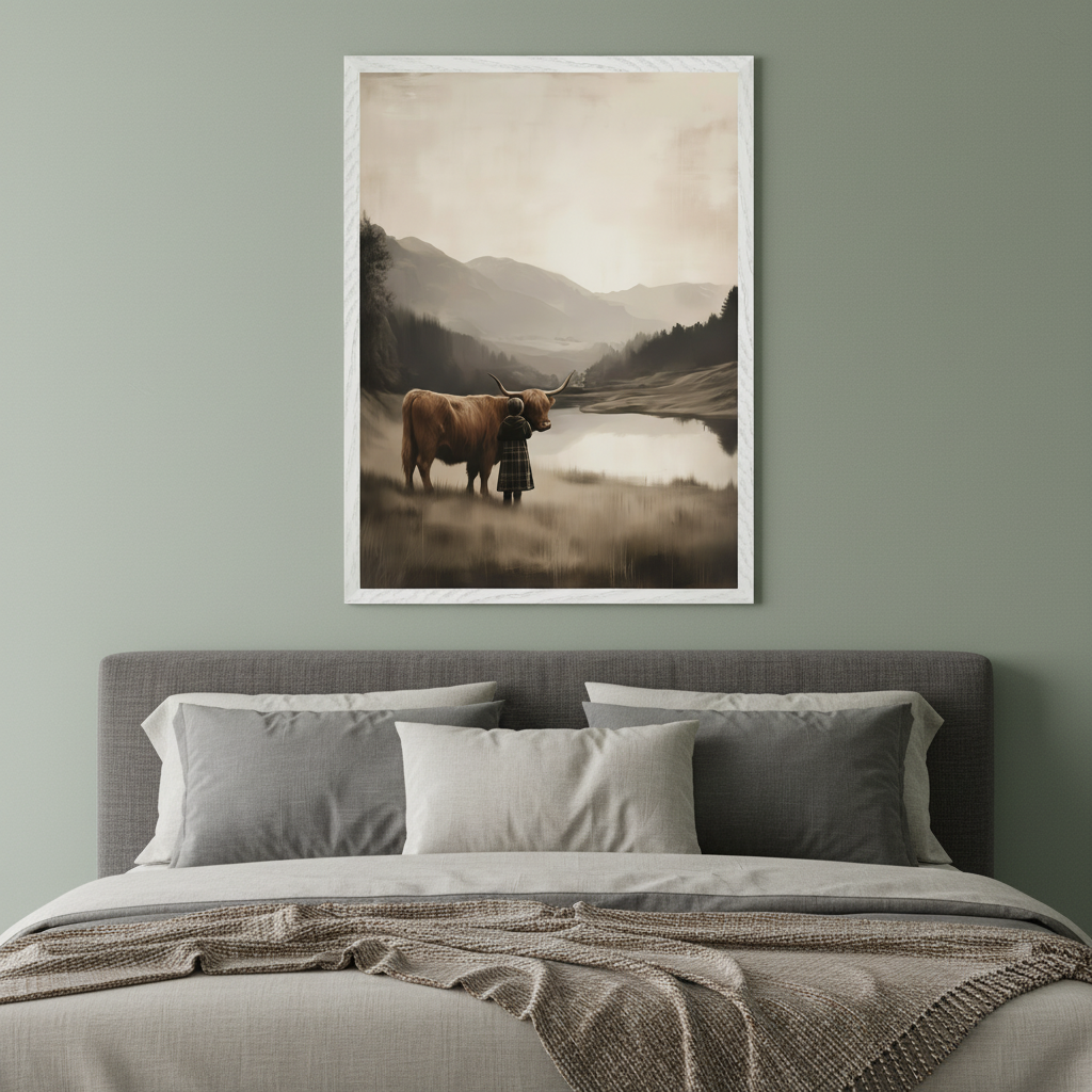 Modern bedroom with a gray bed. A large, white-framed, sepia-toned painting hangs centered above the bed. It shows a person in a kilt with a highland cow by a misty lake, mountains in the background.