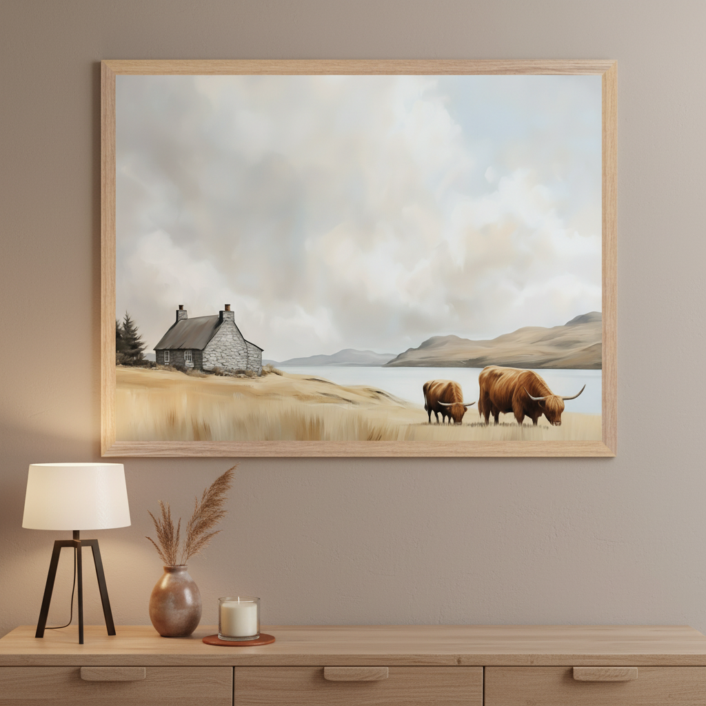 Modern living space with a light wood dresser. A large framed painterly landscape of a stone cottage, lake, mountains, and two grazing Highland cows hangs above it.