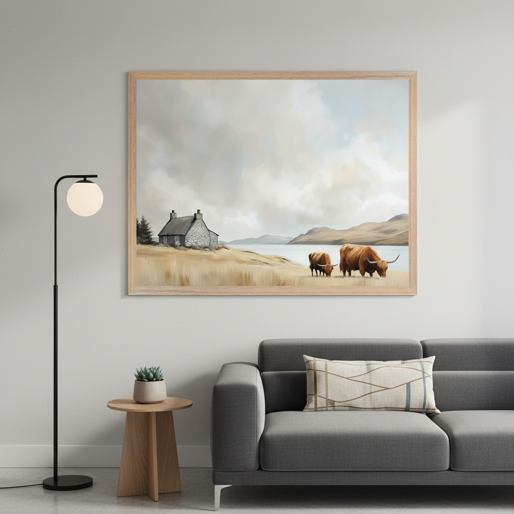 Modern living room with a gray sofa and a black floor lamp. Above the sofa hangs a large framed painting of a stone cottage, two Highland cows grazing by a lake, and mountains under a cloudy sky.
