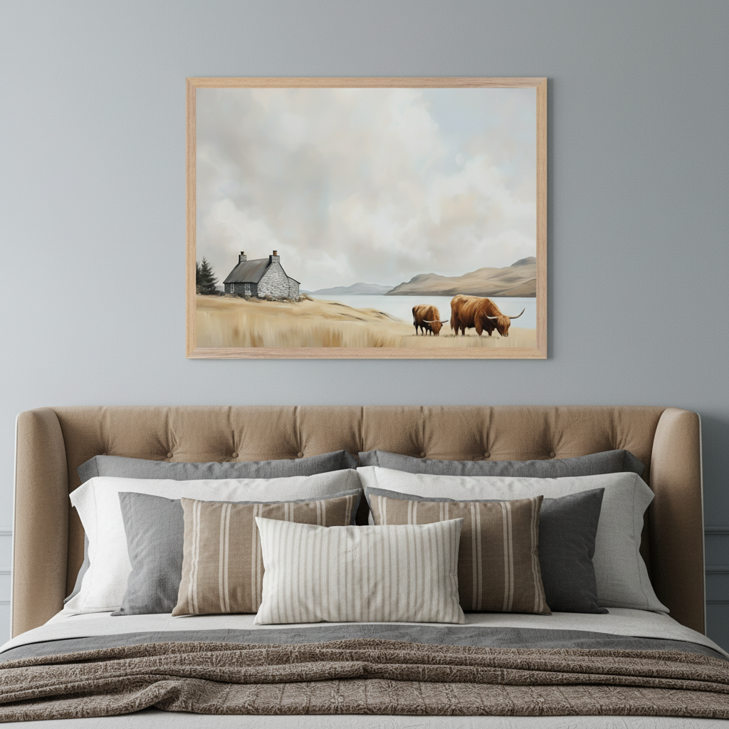 Bedroom with a tufted brown headboard. A large framed painting hangs above the bed, depicting a stone cottage by a lake, hills, and two brown Highland cows grazing in a grassy field under a cloudy sky.