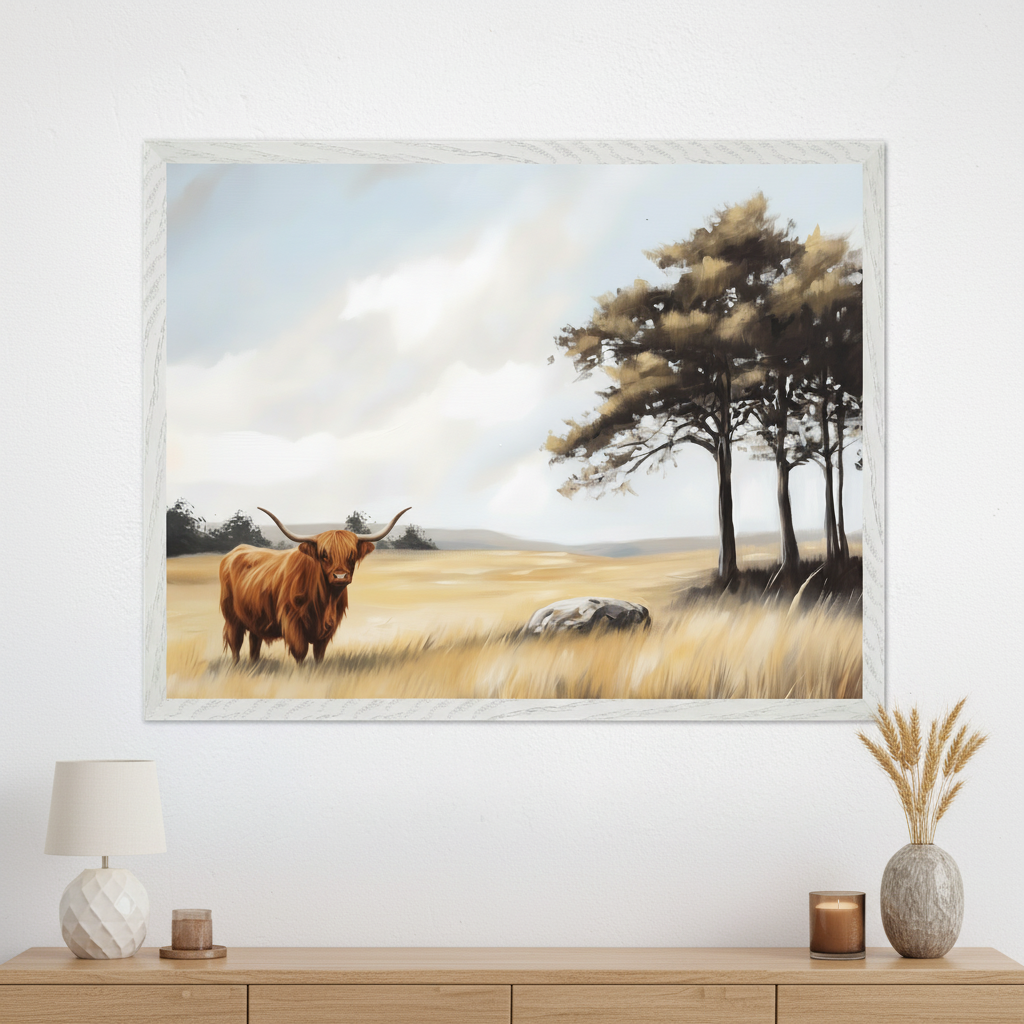 Modern living room with a light wooden console table. A large white-framed oil painting hangs above it, depicting a brown Highland cow in a golden field with trees under a cloudy sky.