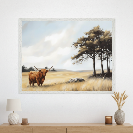 Modern living room with a light wooden console table. A large white-framed oil painting hangs above it, depicting a brown Highland cow in a golden field with trees under a cloudy sky.