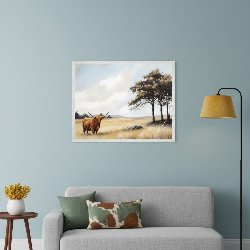 Living room with a blue wall. A framed painting of a brown Highland cow in a golden field with trees hangs centrally above a grey sofa with green and cow print pillows. A wooden side table with flowers and a yellow floor lamp are also visible.