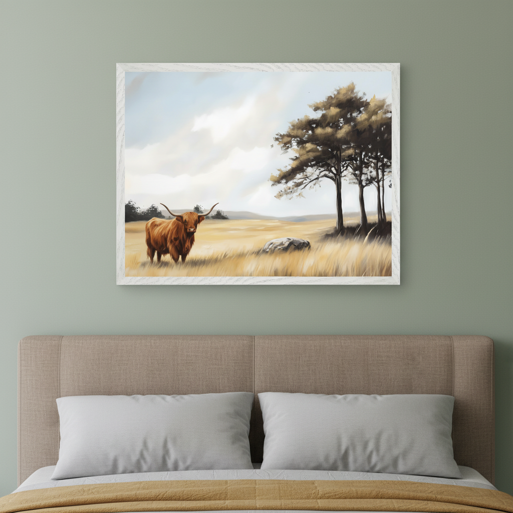 Modern bedroom with a beige fabric headboard and bed. A framed painting of a brown Highland cow in a golden field with trees under a cloudy sky hangs centered above the bed. The artwork has a painterly style.