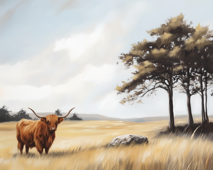 A Highland cow with long horns stands in a sunlit field near a cluster of trees and a large grey rock under a partly cloudy sky.

