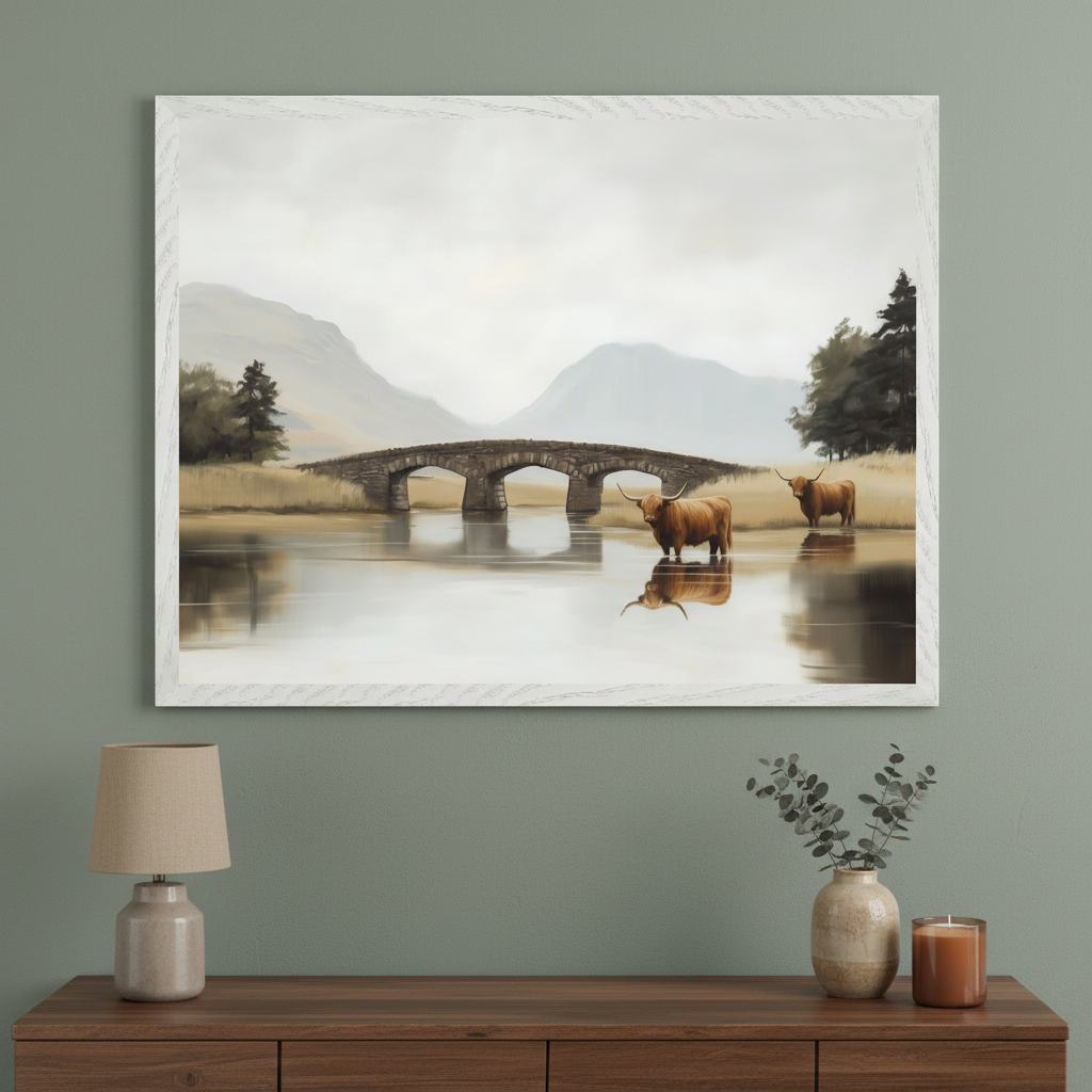 Living room with a wooden dresser. A large, white-framed painting of two Highland cows in a lake with a stone bridge and mountains hangs above the dresser. A lamp, vase with eucalyptus, and a candle are on the dresser.