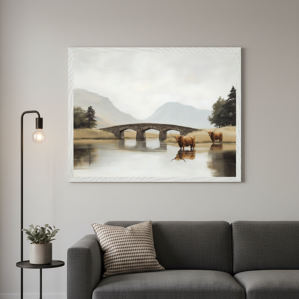 Living room with a gray sectional sofa. A large framed painting hangs above the sofa, showing a stone arch bridge over water with two brown Highland cattle and their reflections, against a backdrop of mountains and trees. A black floor lamp with a plant is to the left.