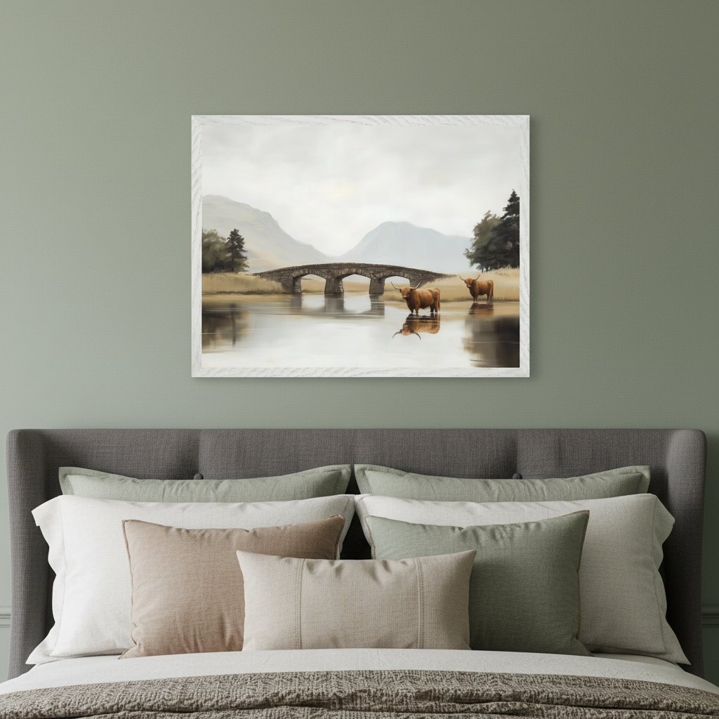 Bedroom with a gray upholstered bed. A framed painting hangs on a green wall above the bed, depicting a landscape with a stone bridge over reflective water, distant mountains, and two brown Highland cows.