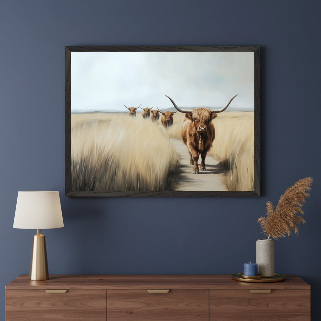 Modern room with a wooden console table. A large framed realistic painting of five brown Highland cows walking on a path through golden grass hangs centered above the console table.