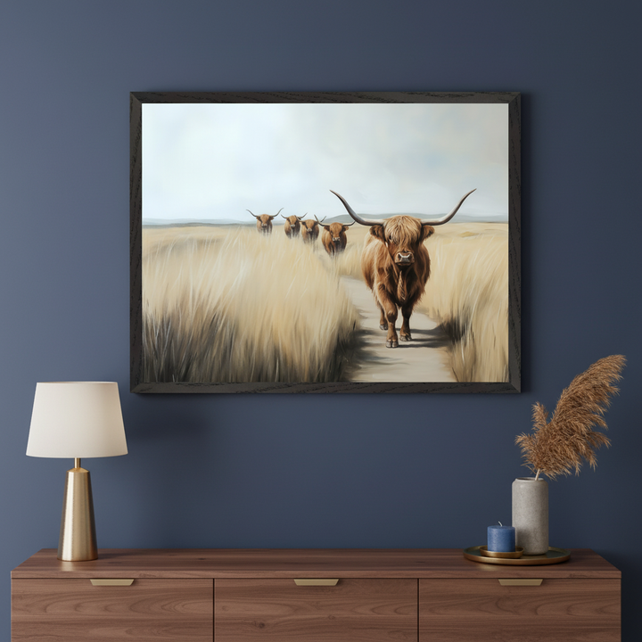 Modern room with a wooden console table. A large framed realistic painting of five brown Highland cows walking on a path through golden grass hangs centered above the console table.