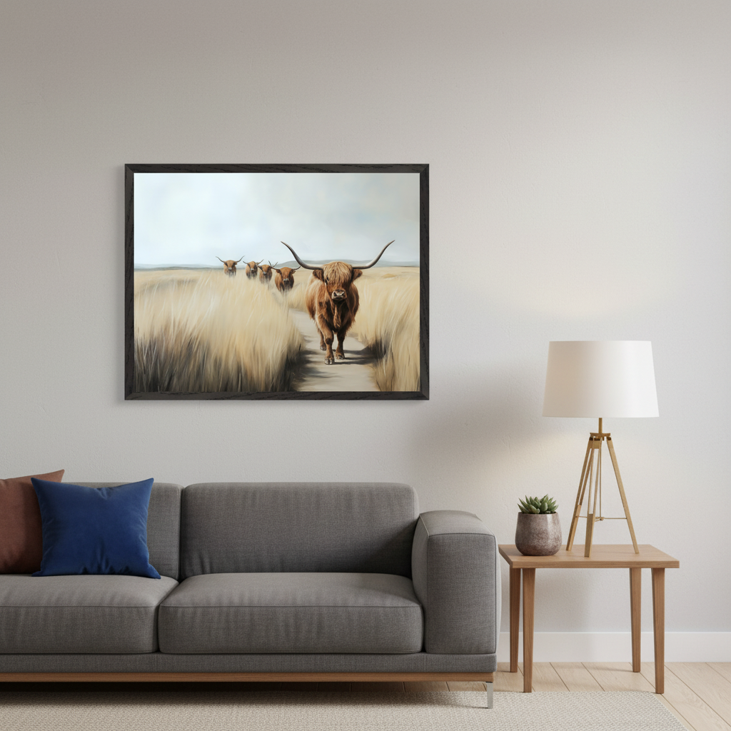 Modern living room with a grey sofa and a wooden side table. A large framed painting of Highland cows walking through tall golden grass on a dirt path is centered above the sofa.