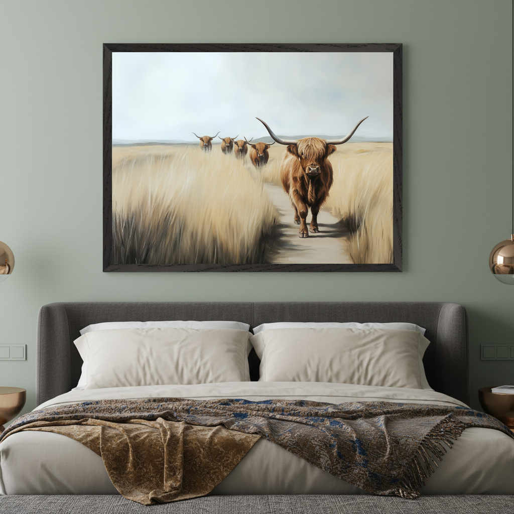 Modern bedroom with a gray upholstered king-size bed. A large framed painting of several Highland cows walking through tall golden grass hangs centered above the bed. The lead cow faces forward, while others follow in the distance under a light sky.