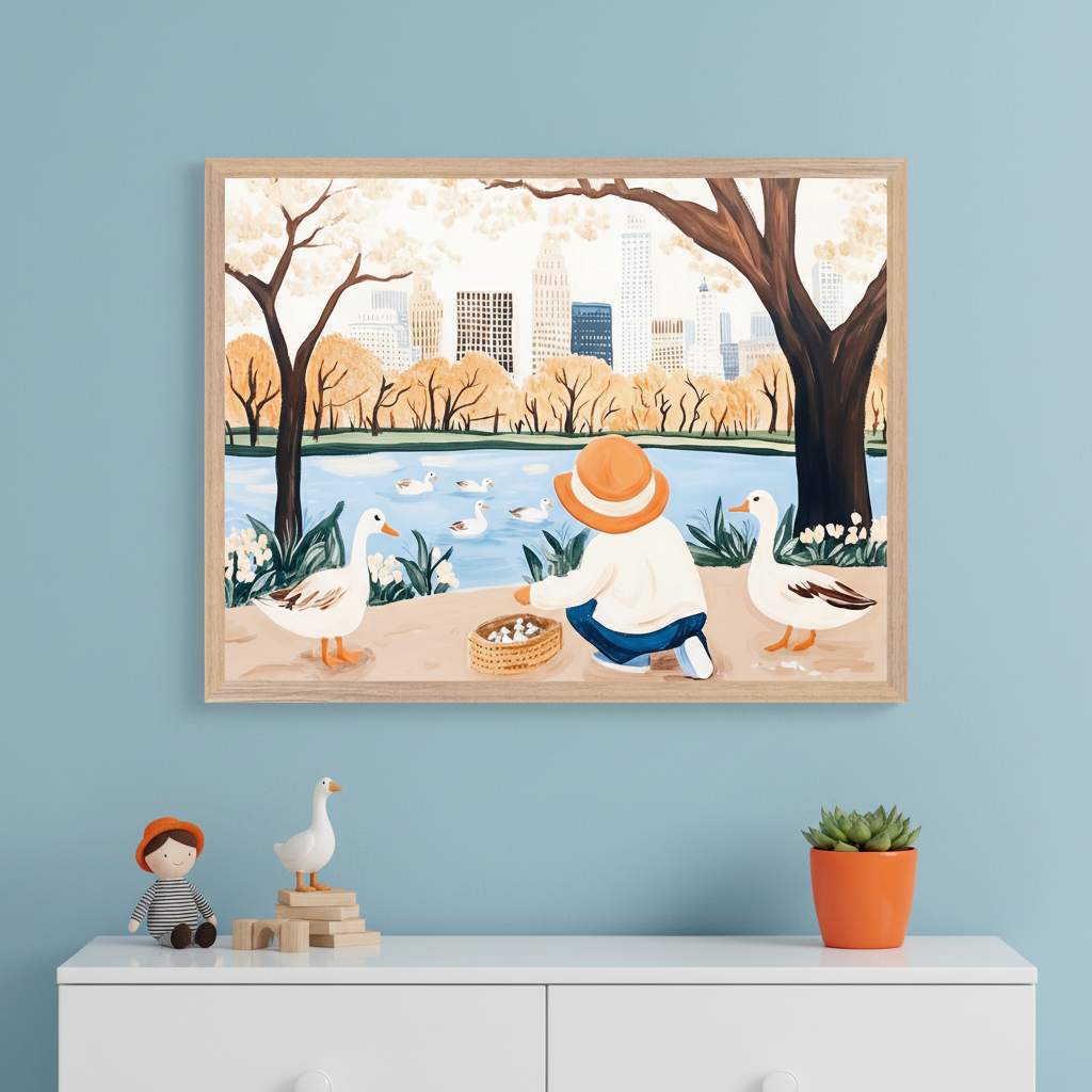 Kid's bedroom with a white dresser. A framed painting hangs centered above the dresser, depicting a child in an orange hat feeding ducks by a pond with a city skyline and trees, in an illustration style.