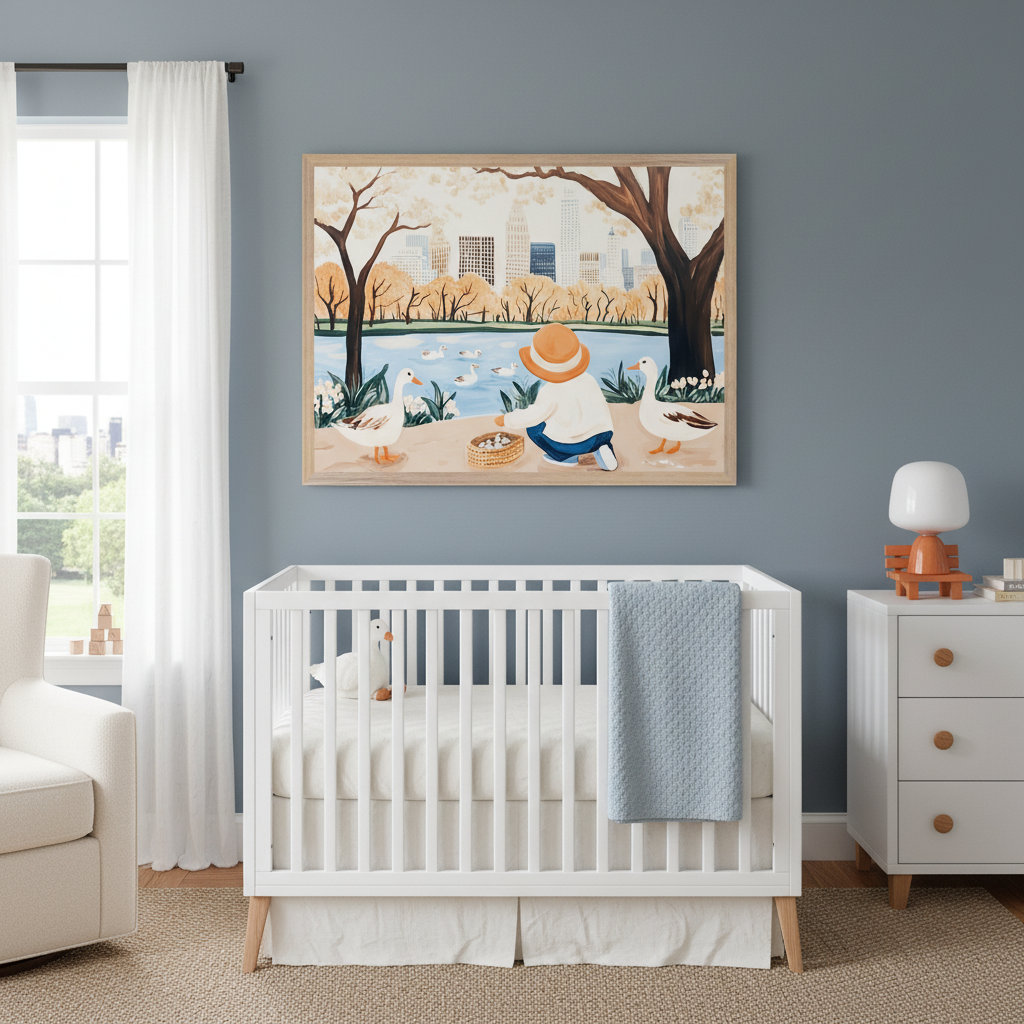 Modern nursery with a white crib, armchair, and dresser. A large framed painting of a child feeding ducks by a pond with city buildings, in a colorful illustration style, hangs centrally above the crib and dresser.