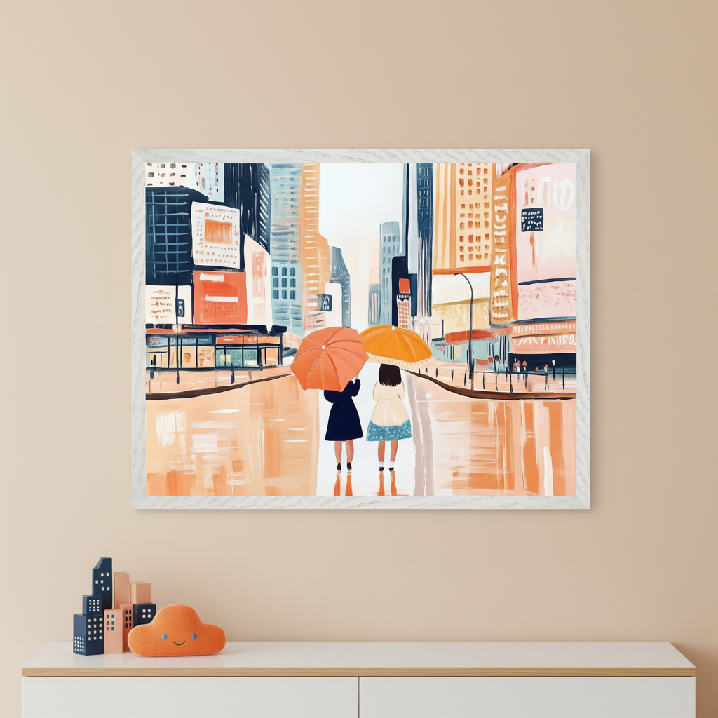 Modern room with a white dresser. A framed painting of two people with umbrellas walking on a wet city street, flanked by tall buildings, hangs centered above the dresser. Cityscape blocks and an orange cloud pillow are on the dresser.