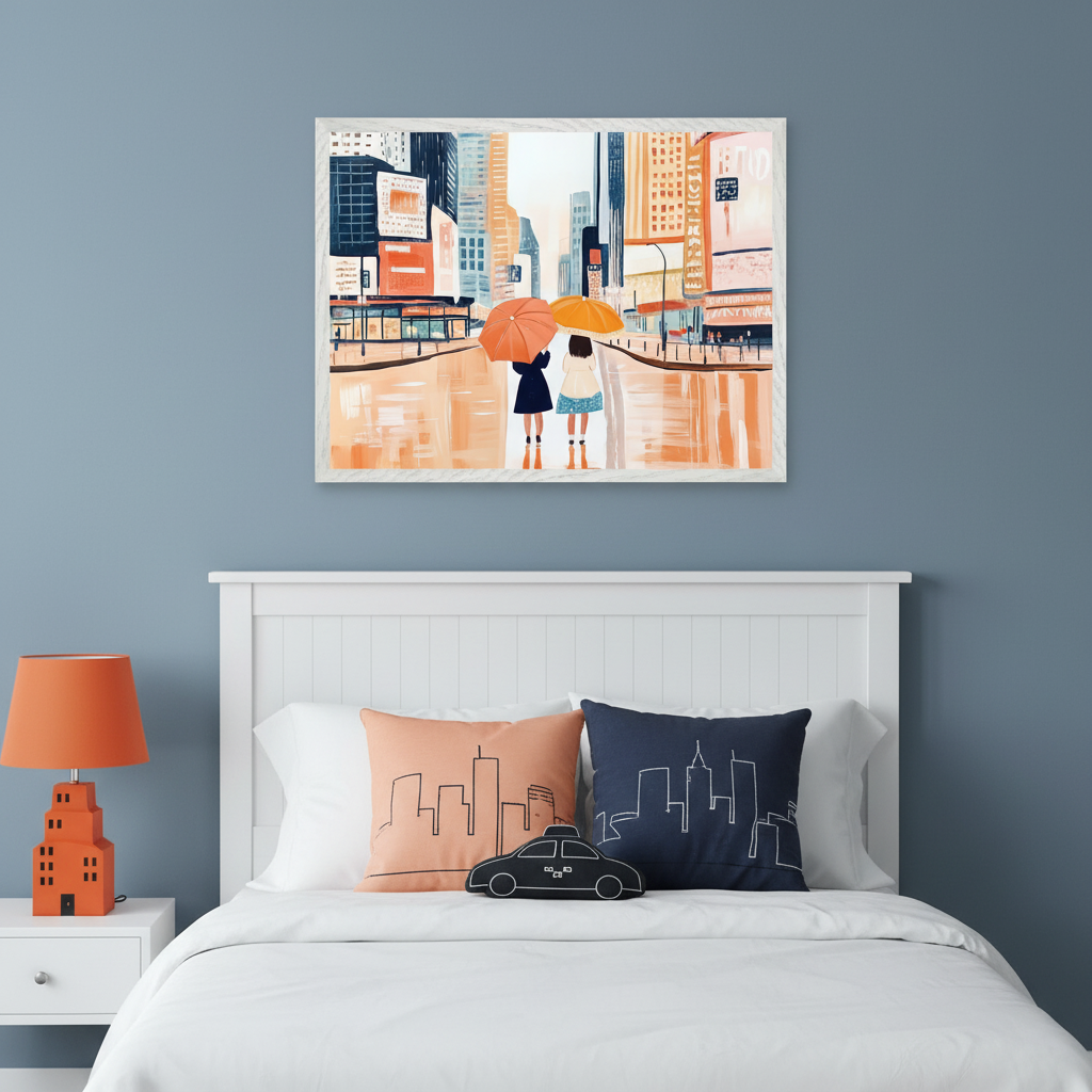 Kid's bedroom with a white bed and headboard. A framed, colorful painterly illustration of two figures with umbrellas walking on a wet city street hangs centered above the bed.
