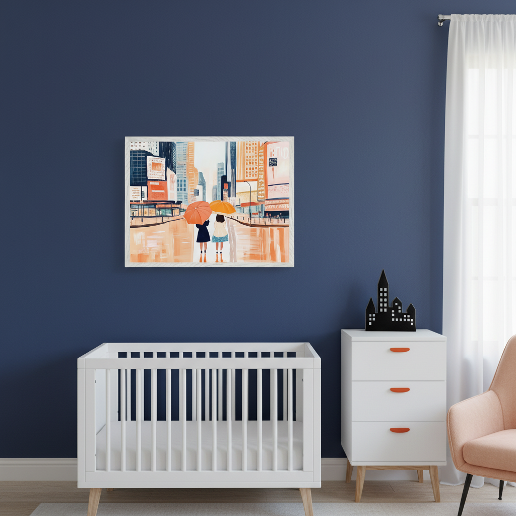 Modern nursery with a white crib, white three-drawer dresser, and peach armchair. A framed illustration depicting two people with umbrellas walking on a rainy city street hangs centered on the dark blue wall above the crib.