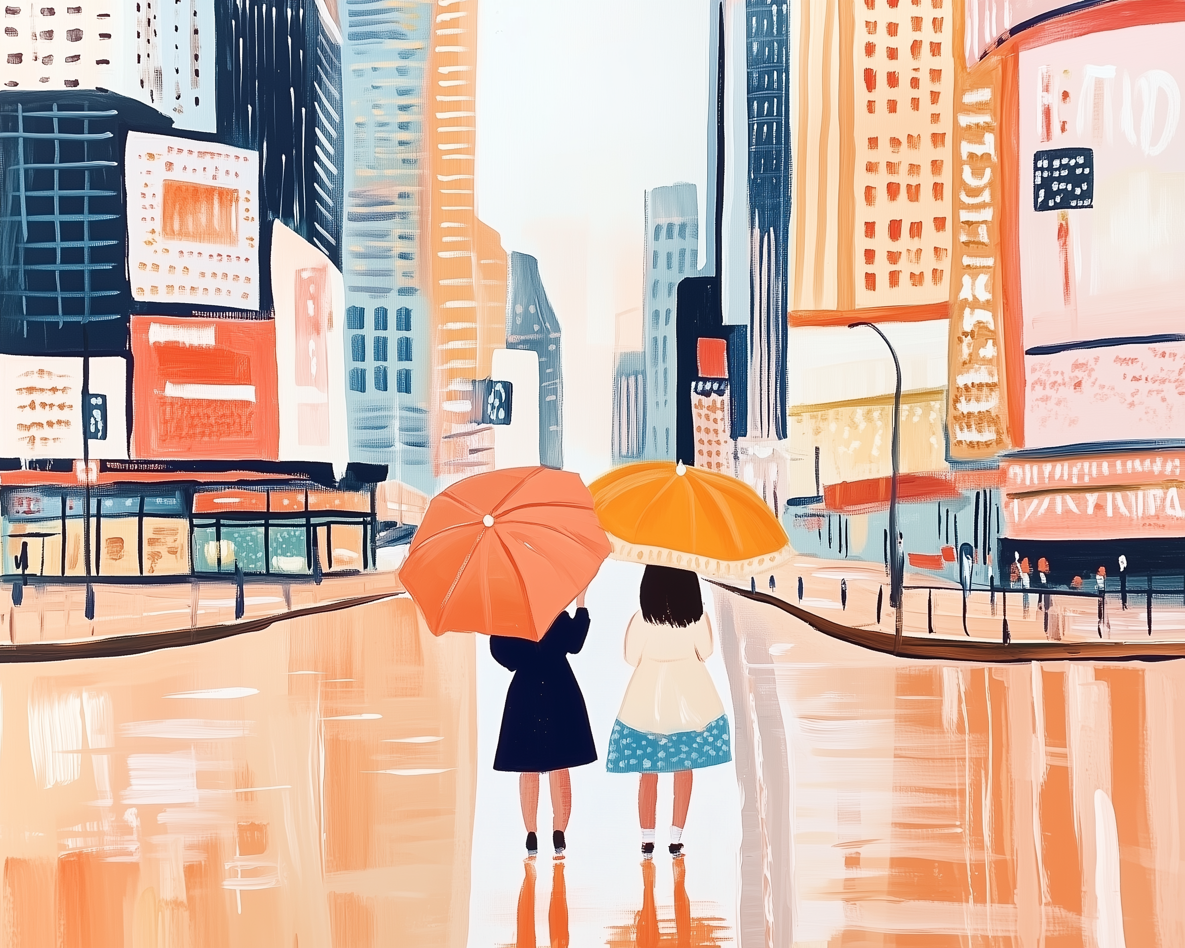 Two figures holding orange and red umbrellas walk through a brightly colored city street on a rainy day, surrounded by tall buildings and glowing signs reflected in the wet pavement.
