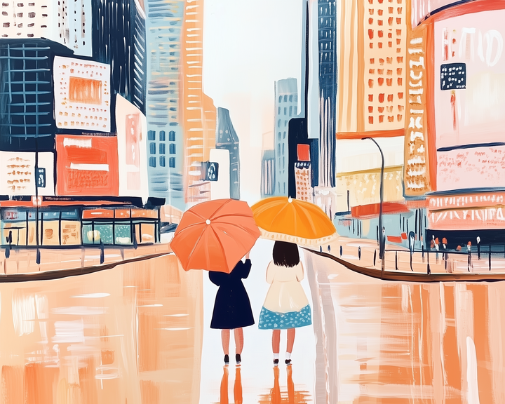 Two figures holding orange and red umbrellas walk through a brightly colored city street on a rainy day, surrounded by tall buildings and glowing signs reflected in the wet pavement.
