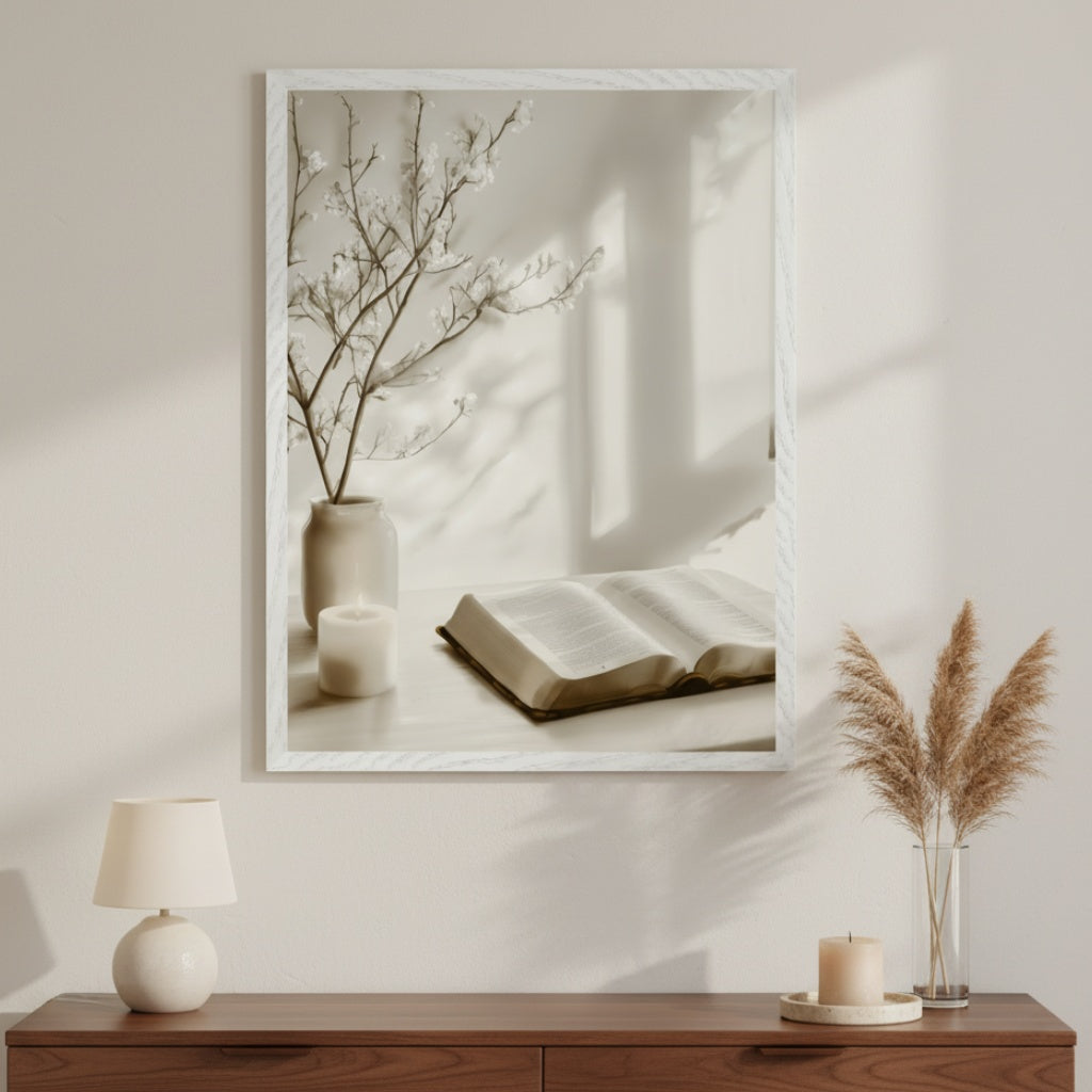 Modern living room with a dark wood dresser. A large white-framed print hangs above the dresser, depicting a monochromatic still life of white flowers in a vase, a lit candle, and an open book.