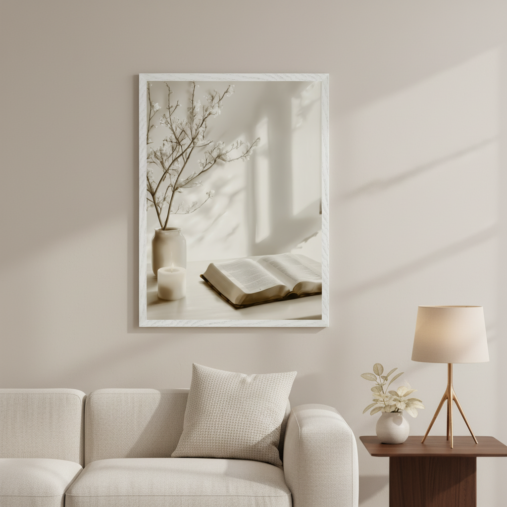 Modern living room with a light beige sofa. A white-framed sepia-toned photo of an open book, a lit candle, and a vase with white branches on a table, with window shadows, hangs above the left side of the sofa. A side table with a lamp is on the right.