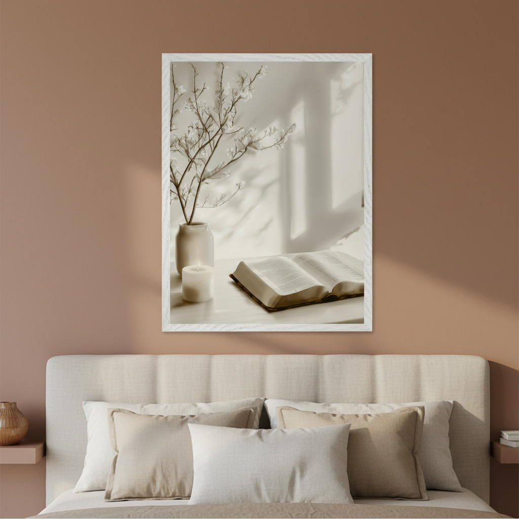 Modern bedroom with an upholstered bed. A framed sepia-toned print hangs above the bed, depicting a vase with branches, a lit candle, and an open book on a table, with window shadows.