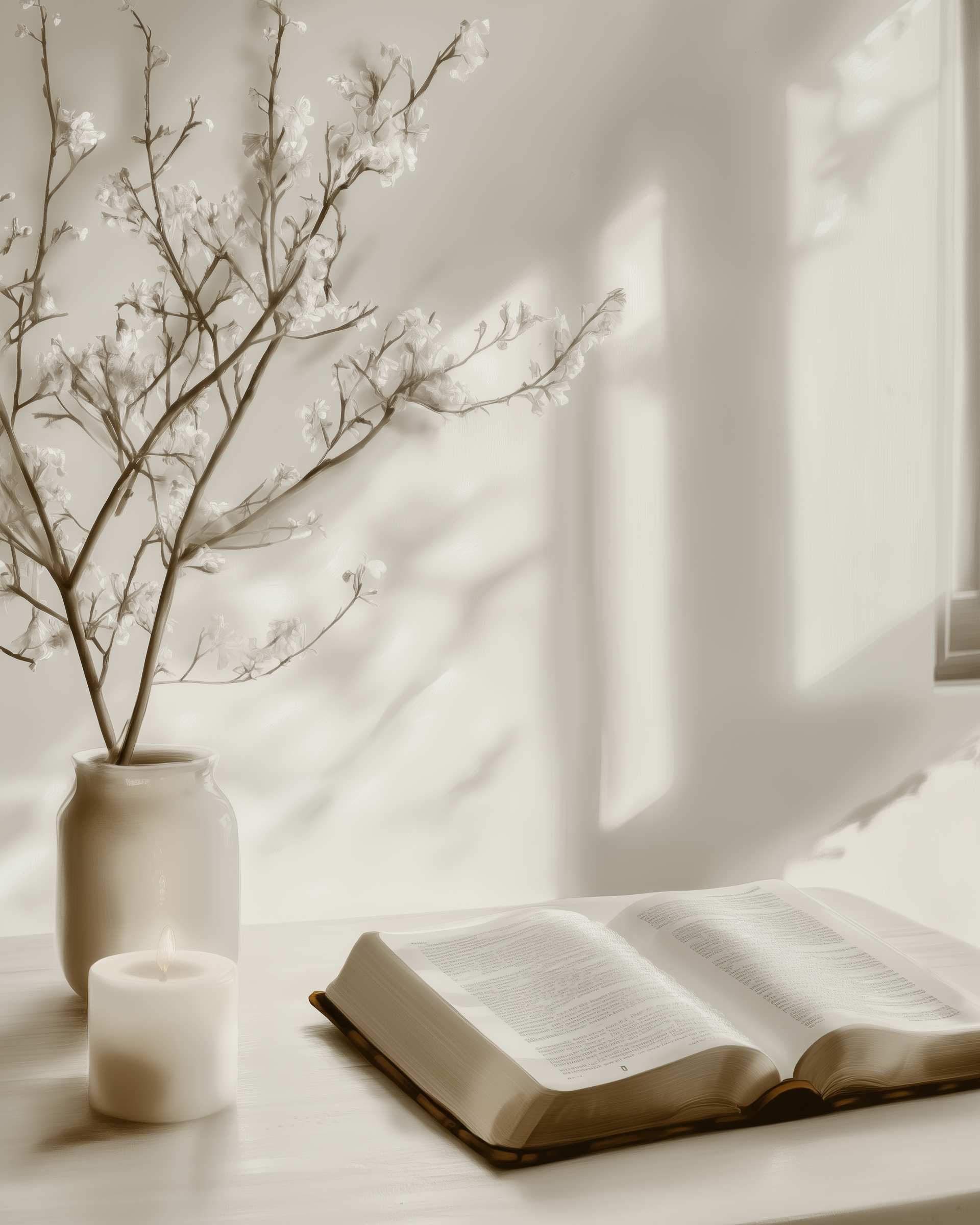 Still life scene of an open Bible on a white table beside a lit candle and a vase of cherry blossoms. Soft window light casts peaceful shadows on the wall.
