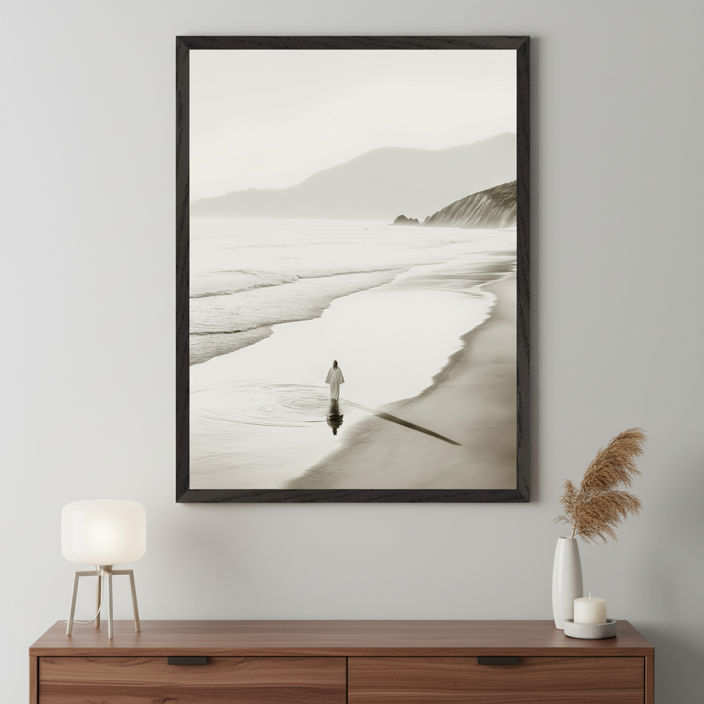Modern room with a wooden dresser. A large framed sepia-toned photo of a robed person walking on a wet beach towards the ocean, with mountains in the background, hangs above the dresser. A lamp and a vase with pampas grass are on the dresser.