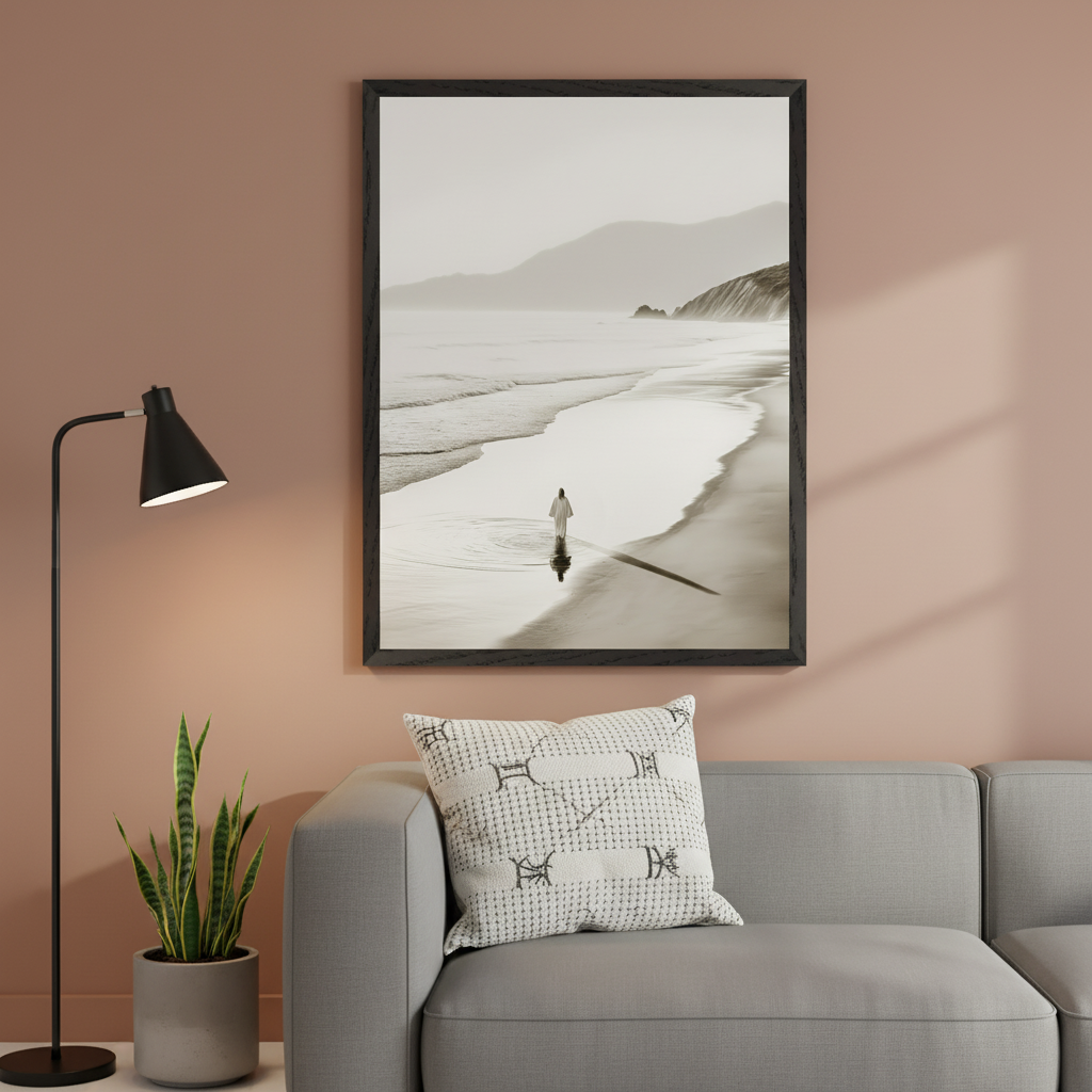 Modern living room with a grey modular sofa and a black floor lamp. A large framed black and white photo hangs above the sofa, depicting a robed figure walking in the shallow water of a beach with mountains in the background.