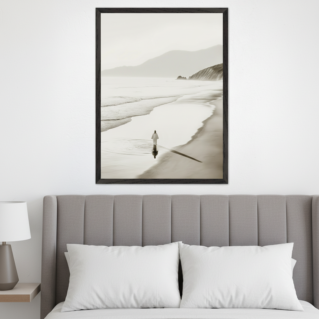 Modern bedroom with a gray upholstered bed and white pillows. A large framed sepia-toned photograph of a robed figure walking on a sandy beach, leaving ripples, with distant mountains, hangs centered above the bed. A bedside lamp is on the left.