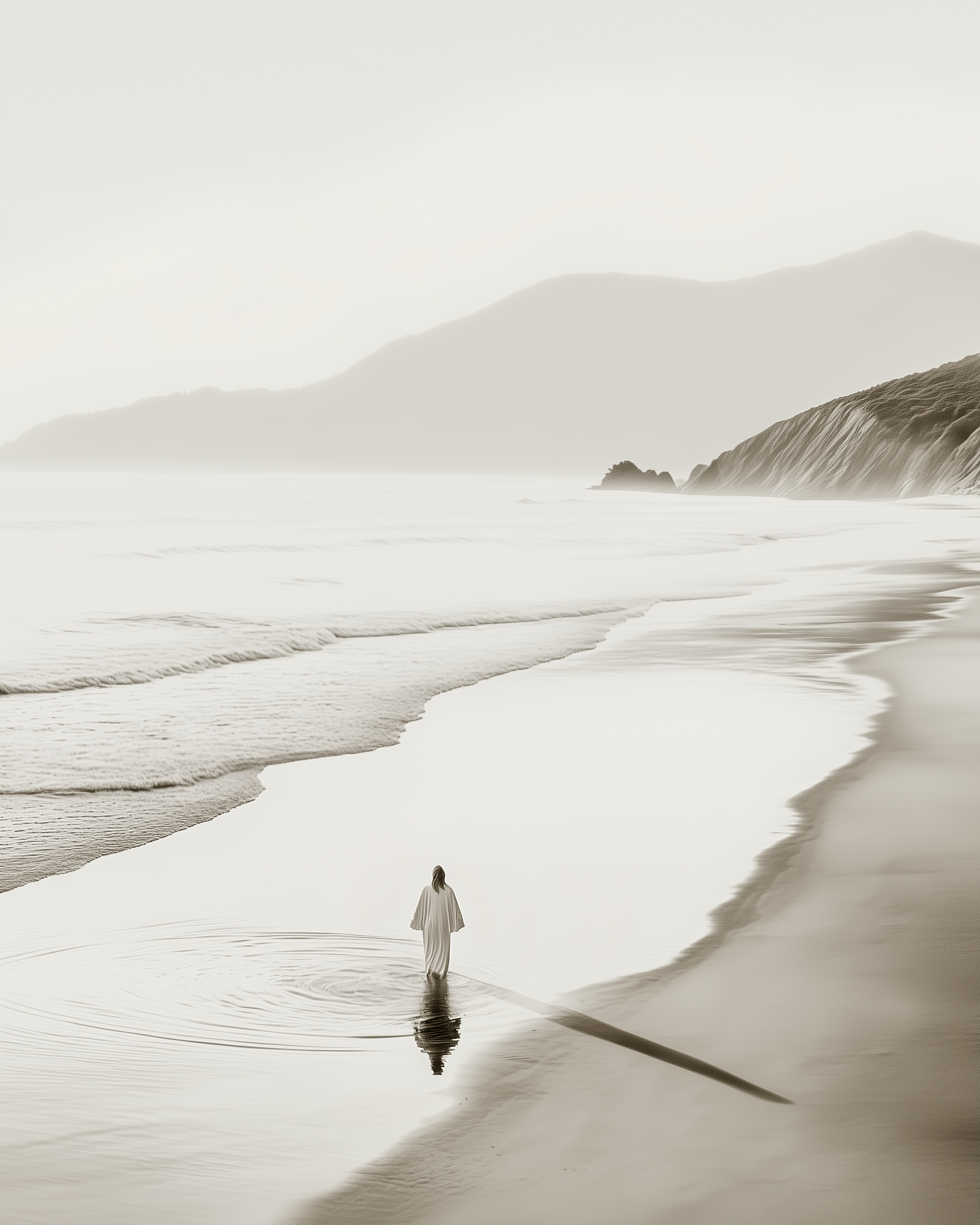A solitary figure in a robe walks along the shoreline at sunrise. Gentle waves and misty cliffs in the distance create a serene, meditative mood.
