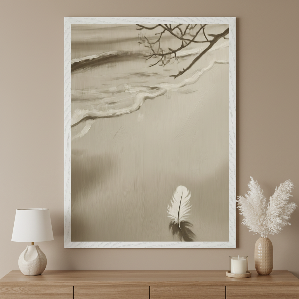 Contemporary room with a light wood dresser. A large white-framed sepia-toned painting of a beach scene with waves, bare branches, and a white feather hangs centered above the dresser. A table lamp, candle, and pampas grass vase are on the dresser.