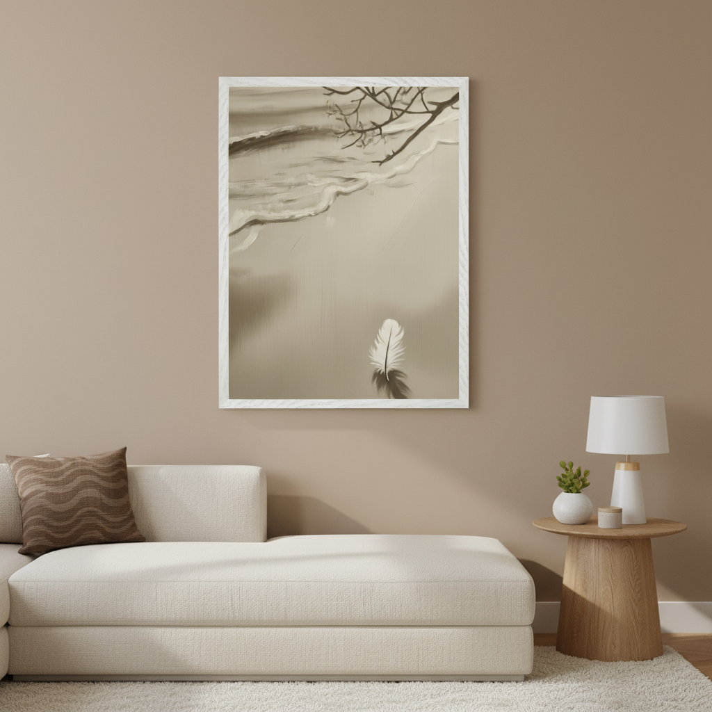 Modern living room with a cream sectional sofa. Above the right section of the sofa hangs a large framed sepia-toned painting of a beach scene with subtle waves, a bare tree branch extending from the top right, and a white feather on the sand below.